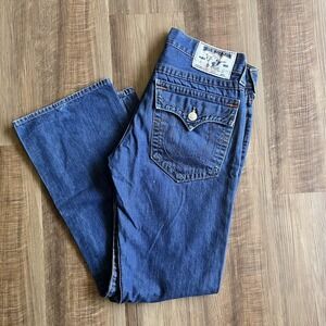 True Religion Jeans Mens 33x32 Blue Section Boot Cut Logo Flap Pockets Made USA